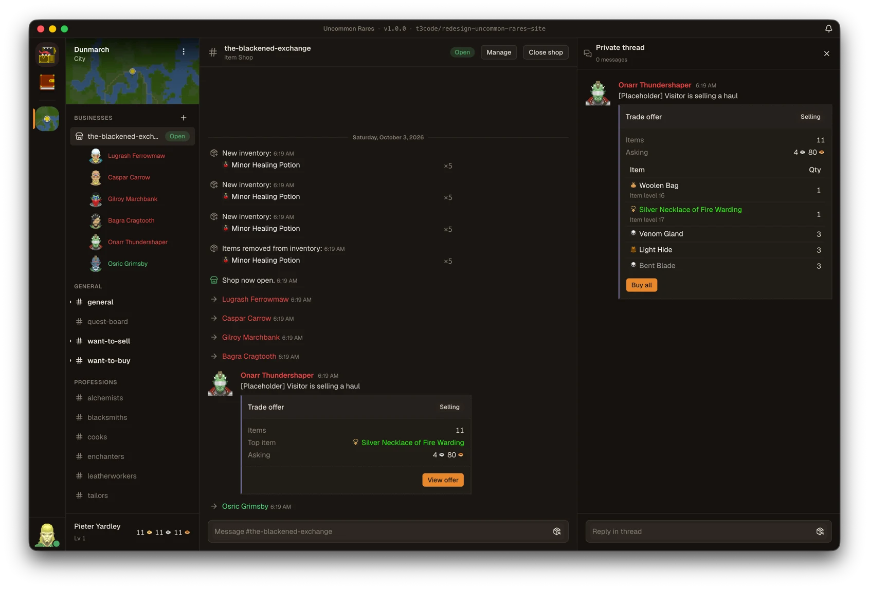 An adventurer offering a haul for sale in a shop channel